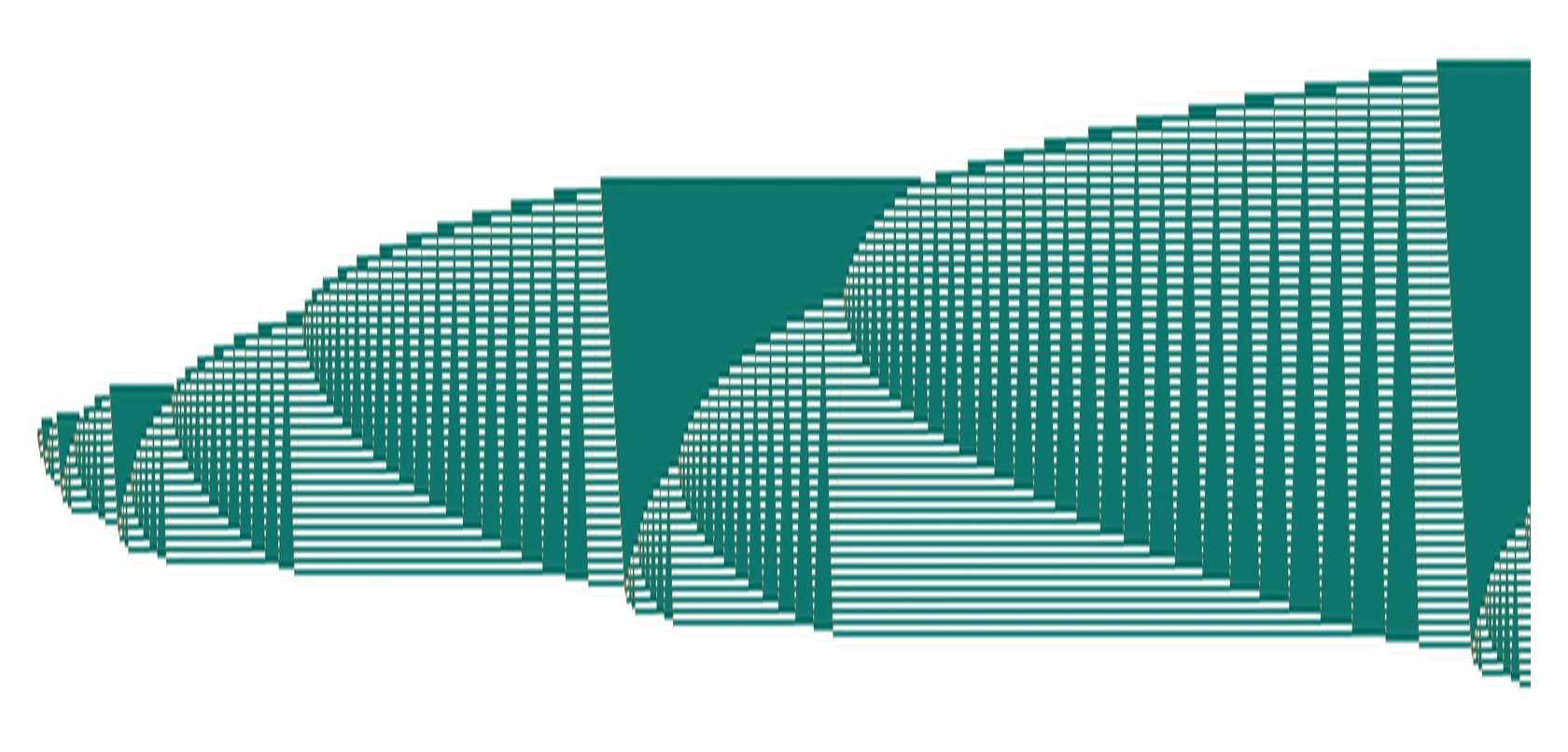 Space-time diagram of a six-state Turing machine: time runs left to right, tape cells top to bottom, with growing striped blocks that are periodically consumed and rebuilt.