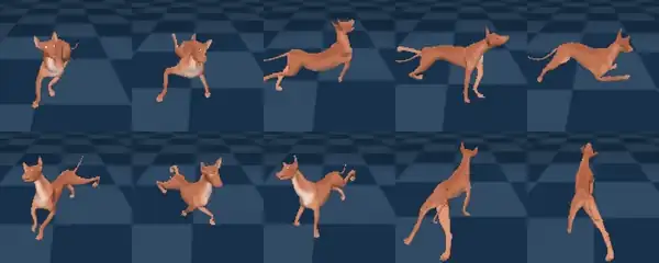 Ten frames of a simulated dog, each moving in a visibly different way — the diverse near-optimal policies DOMiNO discovers.