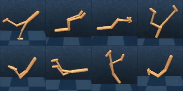 Eight simulated walkers, each having found a distinct locomotion pattern.
